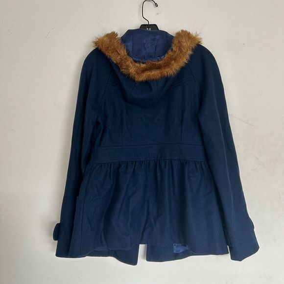 Tulle Anthropologie Wool Brown Faux Fur Trim Hood Long Blue Coat Size Medium - Picture 3 of 12